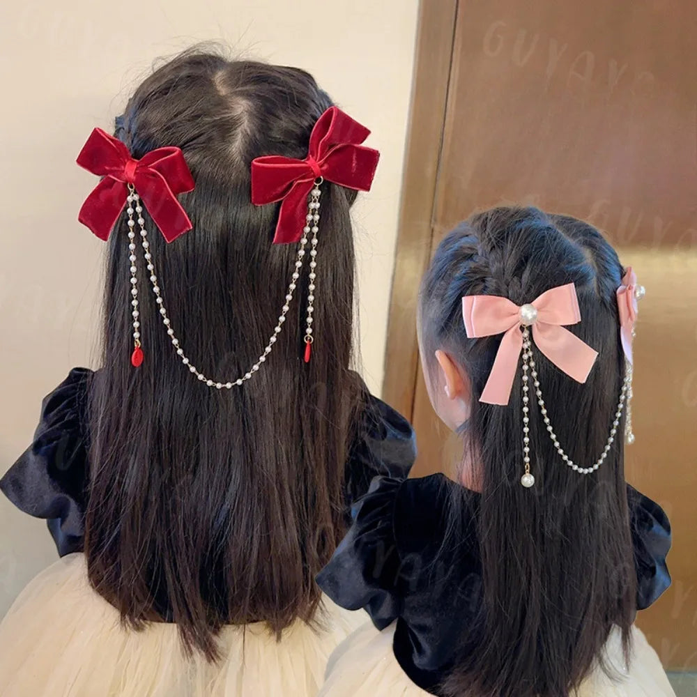 Sweet Princess Style Pink Pearls Chain Bow Hair Clip Women Children's Cute Back Head Hairpins Hair Clips Girls Hair Accessories