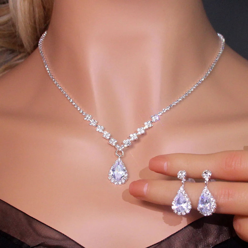 Luxury Crystal Bride Jewelry Set Rhinestone Wedding Dress Banquet Zircon Chain Necklace Dangle Earring Sets Ladies Accessories