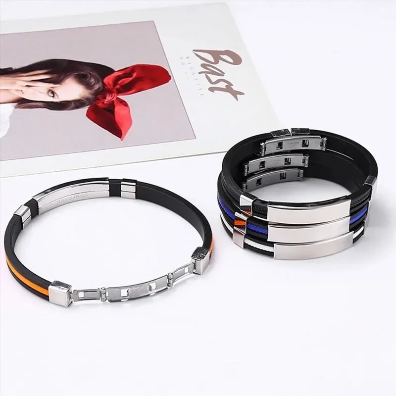 Fashion Men Silicone Bracelet Stainless Steel Bracelet on Hand for Couple Unisex Wrist Chain Jewelry