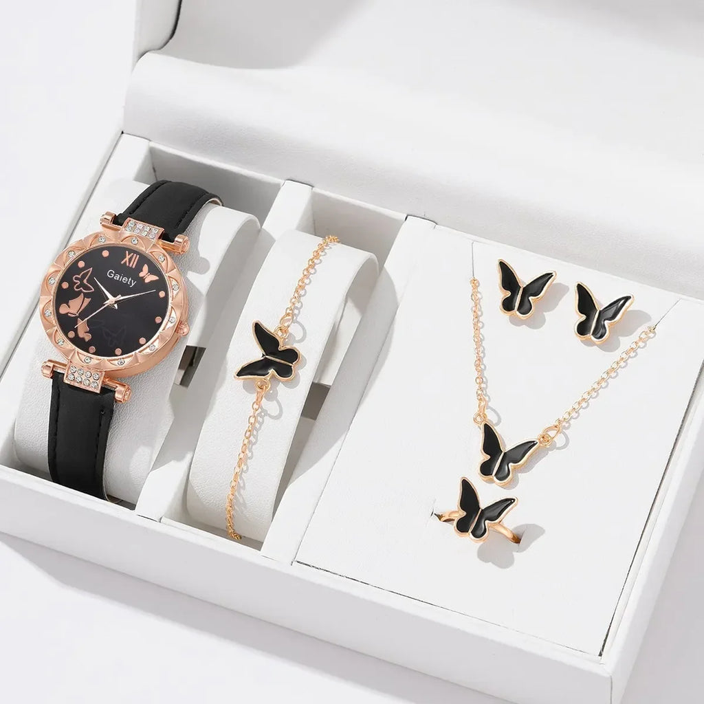 1/6PCS Set Luxury Watch Women Ring Necklace Earrings Rhinestone Fashion Wristwatch Ladies Casual Watches Bracelet Set Clock