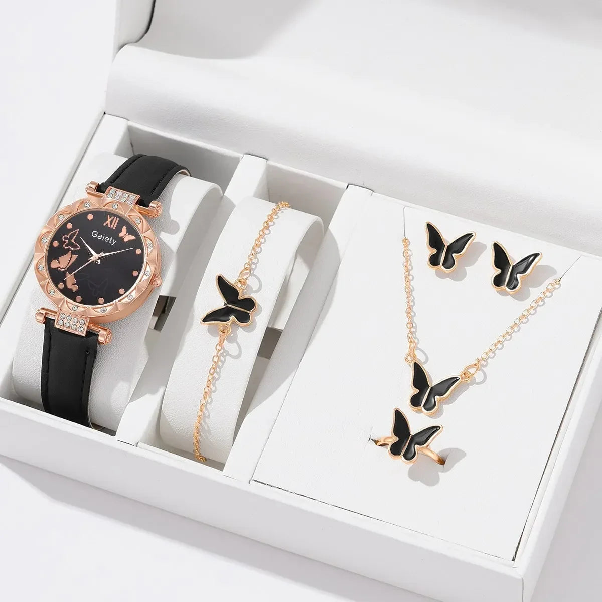 1/6PCS Set Luxury Watch Women Ring Necklace Earrings Rhinestone Fashion Wristwatch Ladies Casual Watches Bracelet Set Clock