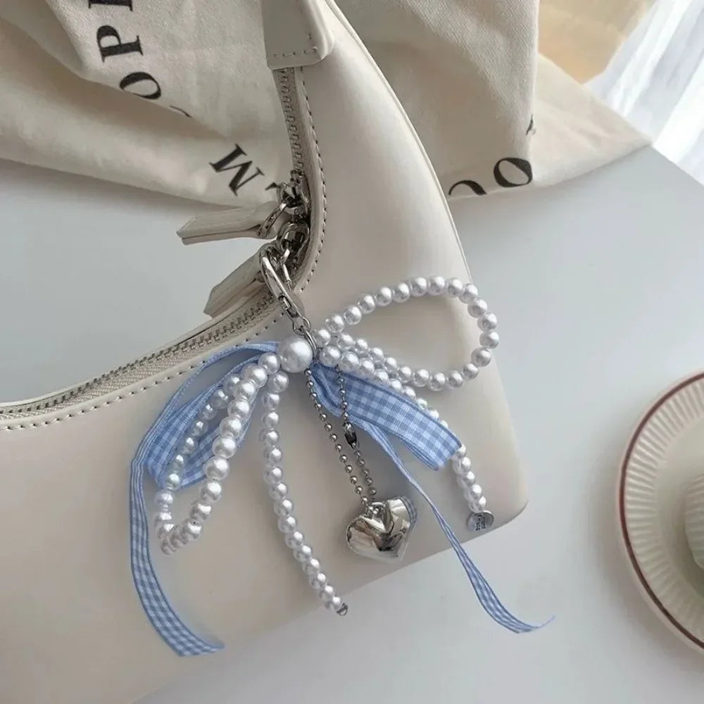Blue Pink Lattice Ribbon Keychains Bowknot Pearls Heart Bag Pendant Elegant Beaded Keyring Y2k Sweet Korea Jewelry Accessories