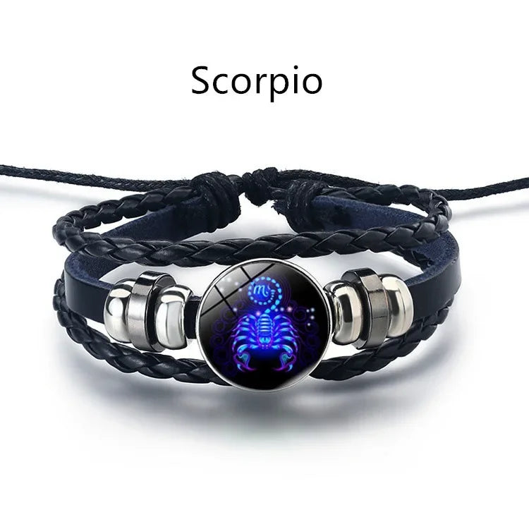 Gemini Leo Libra Scorpio Sagittarius 12 Constellation Luminous Bracelet Leather Bracelet Zodiac Charm Jewelry Bracelet for Men