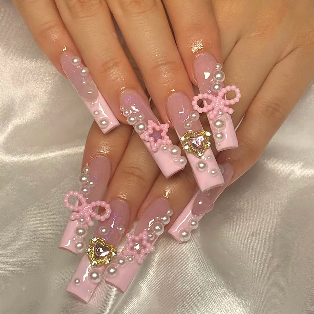 24Pcs Extra Long Square Fake Nail with Glue 3D Little Bear Bow Design False Nails White French Press on Nails Wearable Manicure