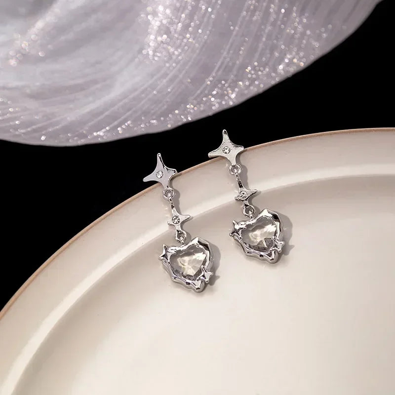 Y2K Goth Heart Cross Star Pendant Earrings for Women Red Zircon Love Earring Gothic Irregular Tassel Stud Earrings Halloween
