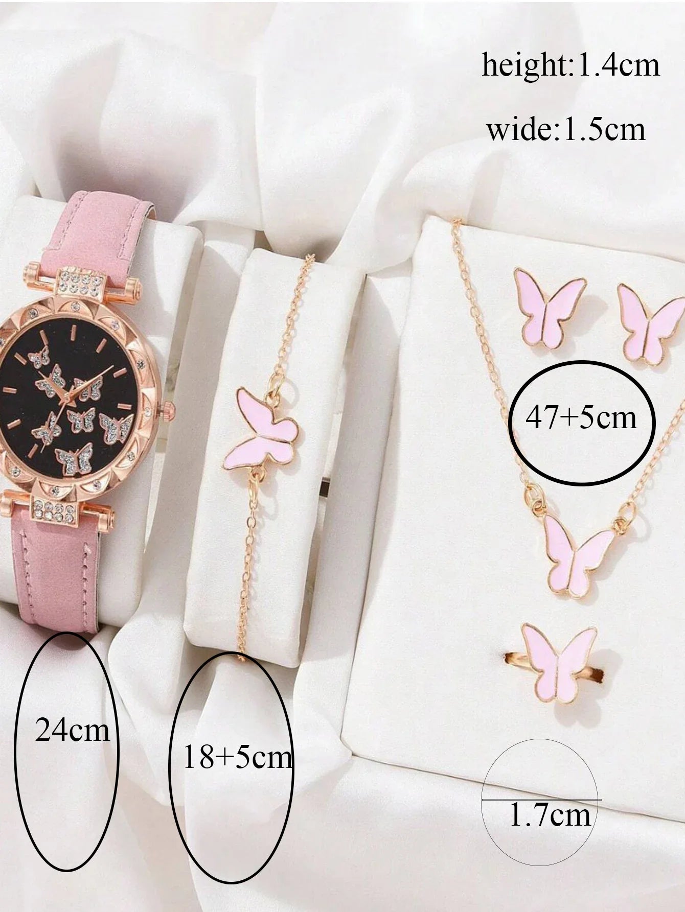 6pcs Luxury Watches Women's Ring Necklace Earrings Bracelet Set Watch Butterfly Leather strap Women's Quartz Watch No case