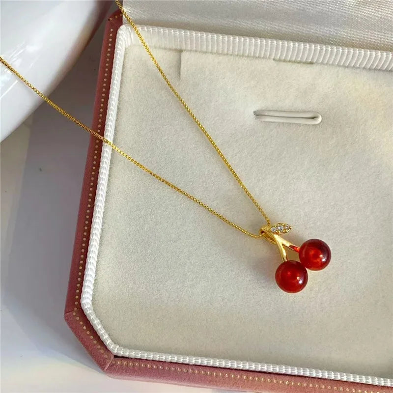 Wine Red Cherry Gold Color Pendant Necklace Earrings set For Women Personality Fashion Necklace Wedding Jewelry Birthday Gifts