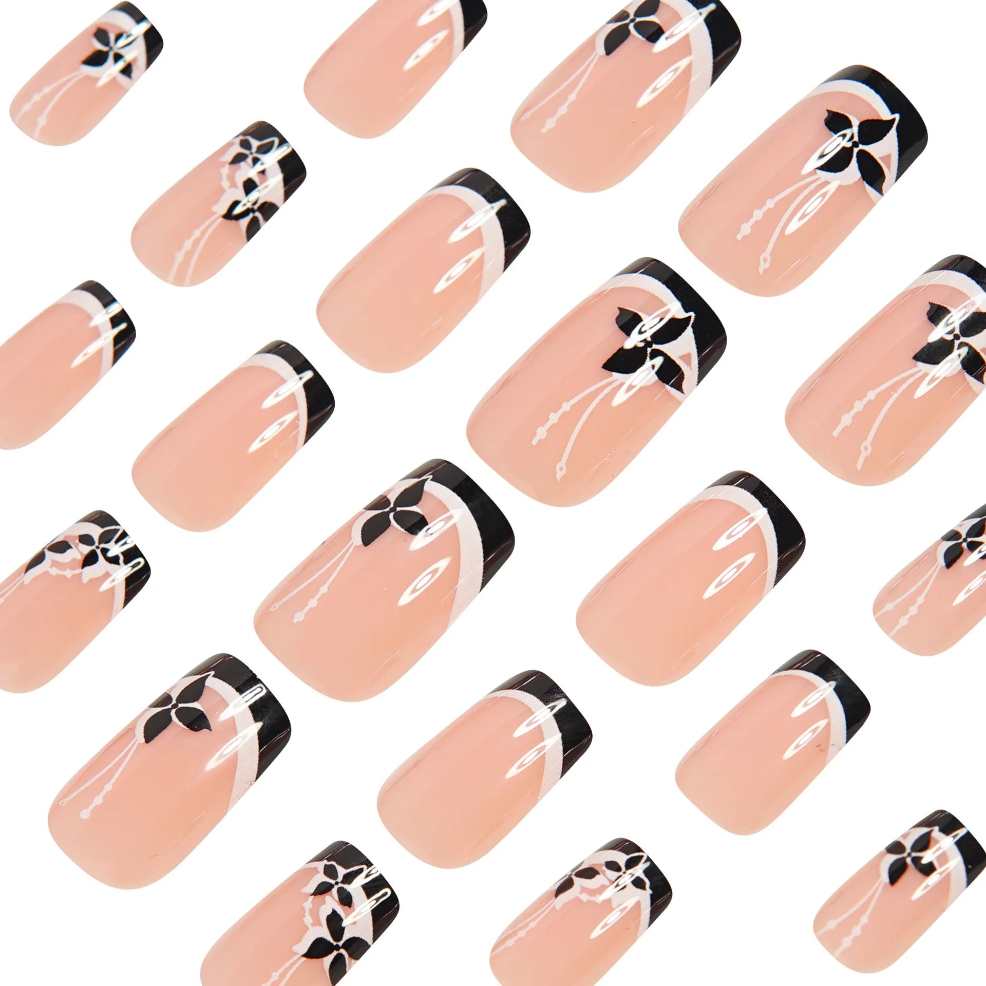 24pcs French Fake Nails Glitter Flower False Nails Short Square Press on Nails White Striped Nail Art for Colorful Spring Summer