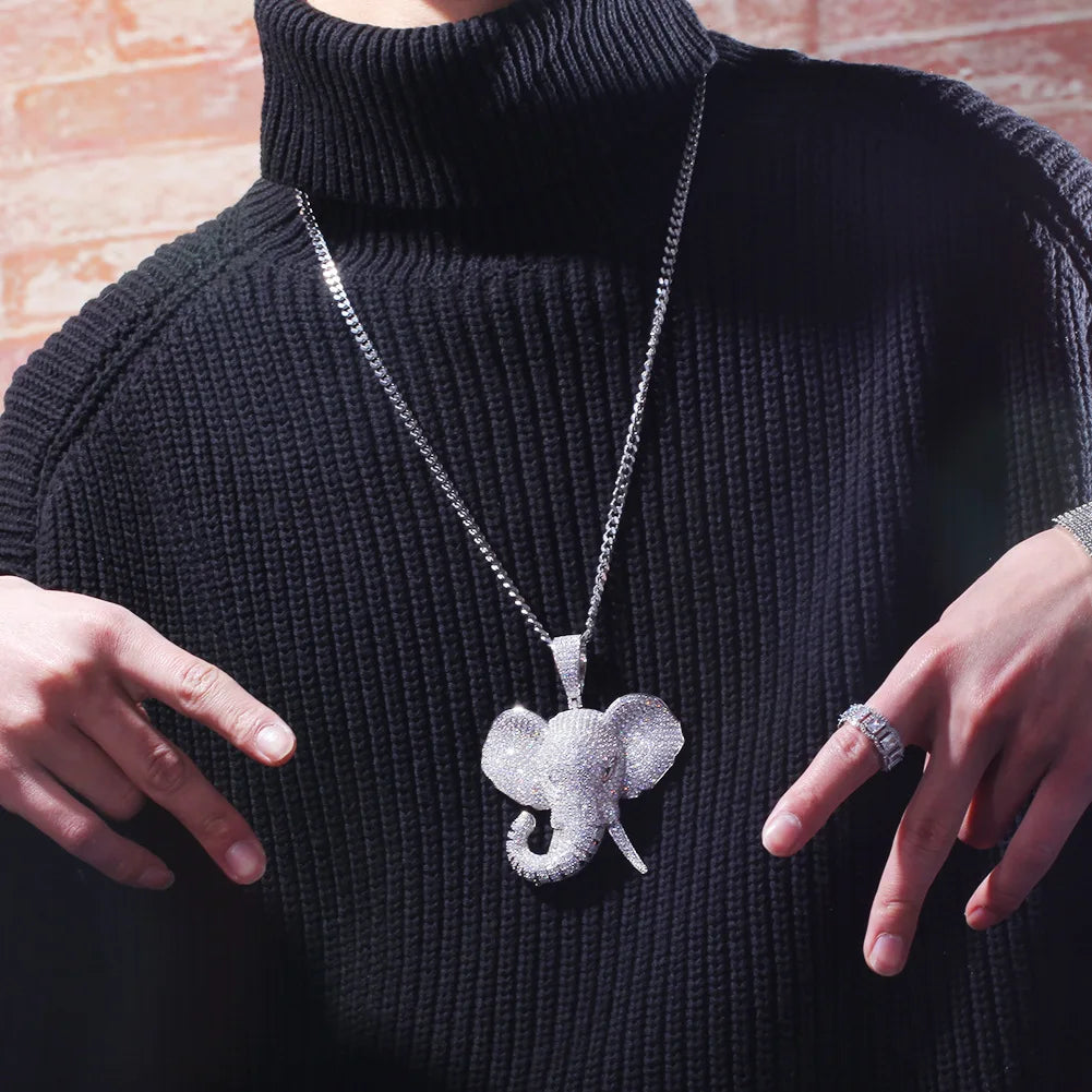 Hip Hop Cubic Zirconia Pave Bling Iced Out Elephant Pendant Animal Necklace Men Women Hip Hop Cool Rap Jewelry Birthday Gift