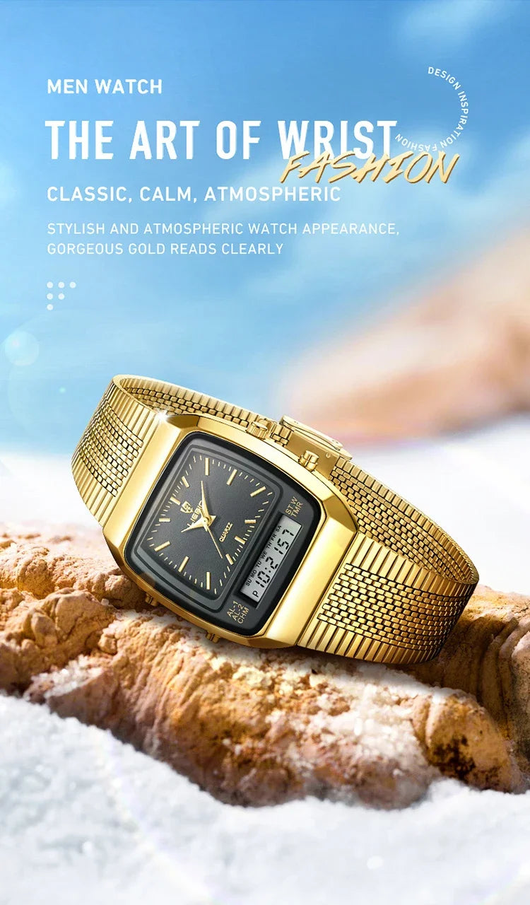 New Golden Steel Strap Quartz Sport Watch Mens Dual Time Week Display Digital Wristwatches Waterproof Clock Reloj Hombre