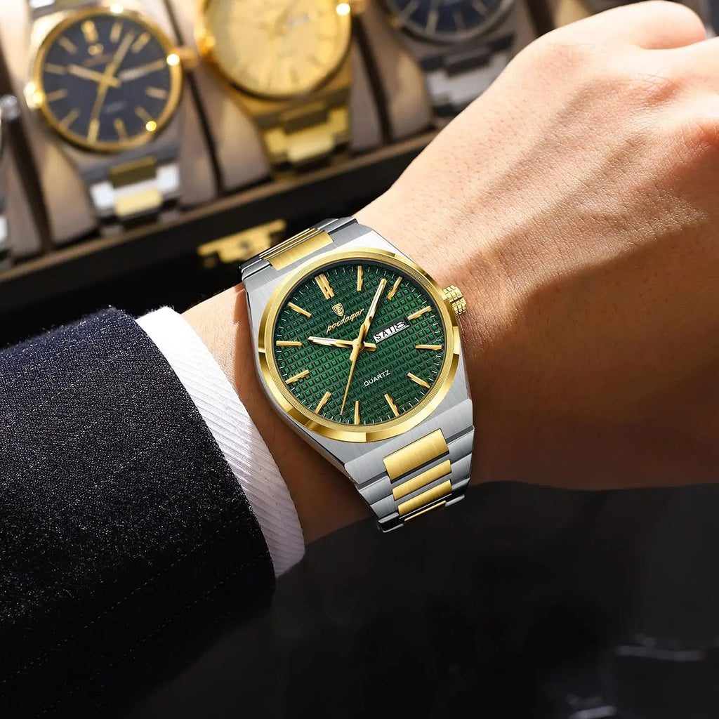 POEDAGAR Luxury Men Watch Date Week Waterproof Luminous Stainless Steel Watch For Man Casual Quartz Men's Watches Male Sport+Box