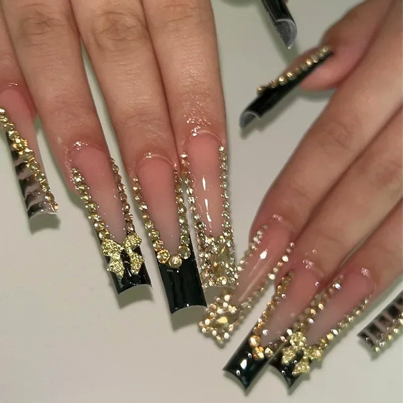 24Pcs Sweet Cool Spice Girl Press on Nails Black French Bow False Nails Y2k Star Glitter Diamond Nail Long Square Gel Fake Nails