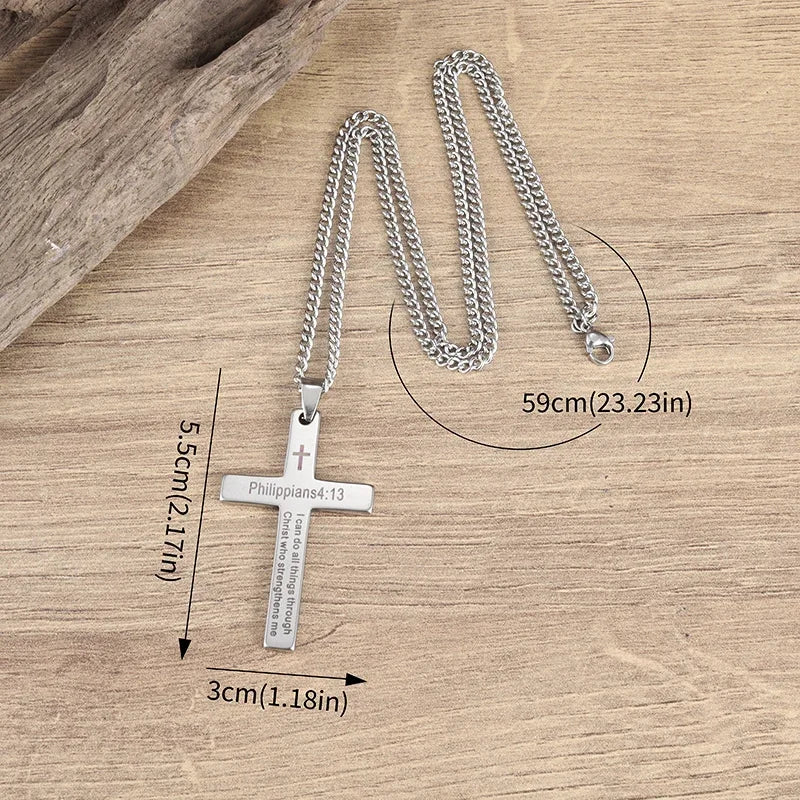 Philippians 4:13 Men\\\'s Simple Cross Pendant Necklace Stainless Steel Religious Amulet Jewelry Unisex Bijoux