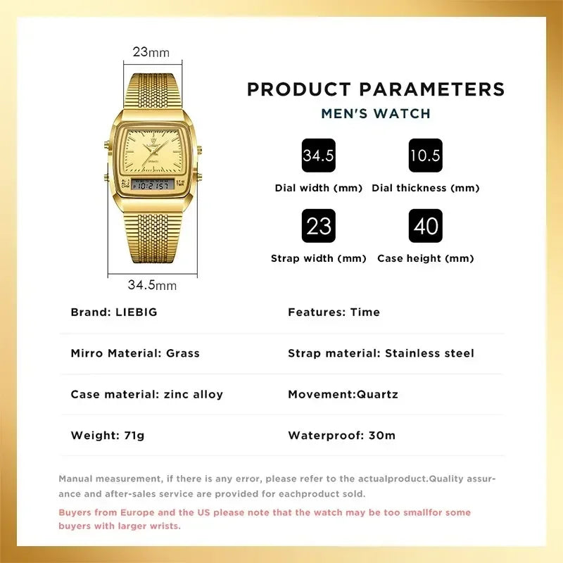 New Golden Steel Strap Quartz Sport Watch Mens Dual Time Week Display Digital Wristwatches Waterproof Clock Reloj Hombre