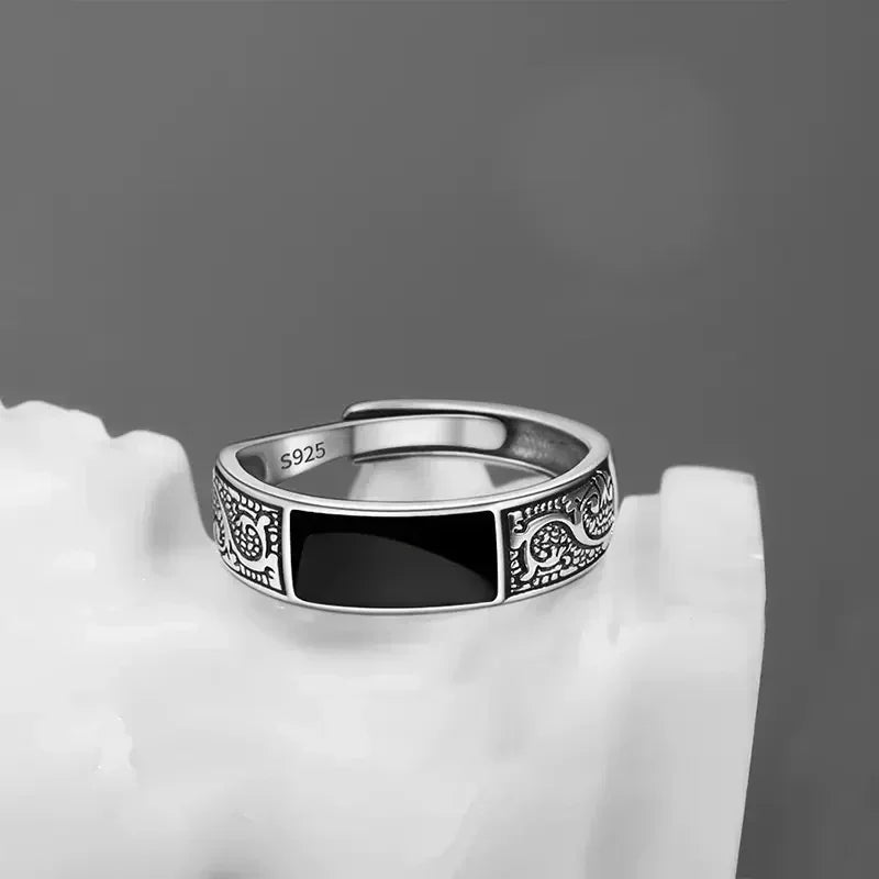 Trendy Vintage 925 Silver Ring for Men Jewelry Black Rectangle Retro Dragon Pattern Ring Male Rings Adjustable
