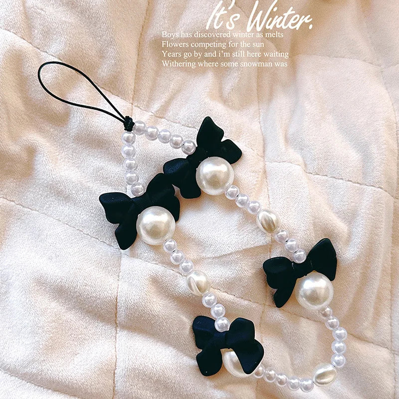 1pc Charm Bowknot Mobile Phone Chains For Women Girls Telephone Charm Strap Pink Black Acrylic Pearl Beaded Lanyard Jewelry Gift