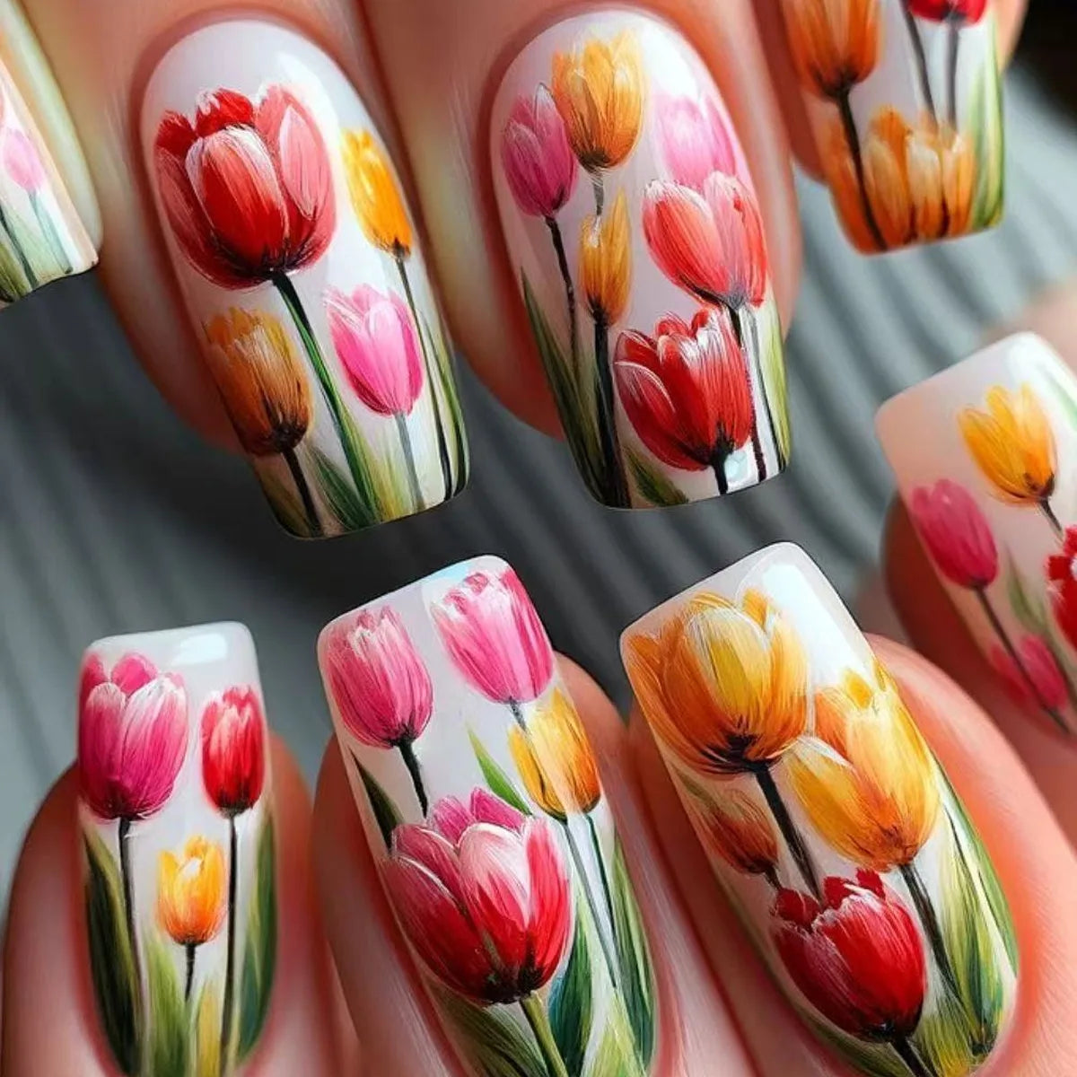 24pcs Mini Flower Press on Nails with Glue Painting Floral Acrylic Fake Nails Spring Design Short Square False Nails for Girls