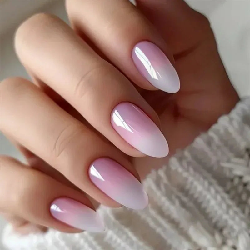 24Pcs Gradient Fake Nails Almond Press on Nails Solid Color Ombre Stick on Nails Full Cover Glazed Donut Acrylic Manicure Nail
