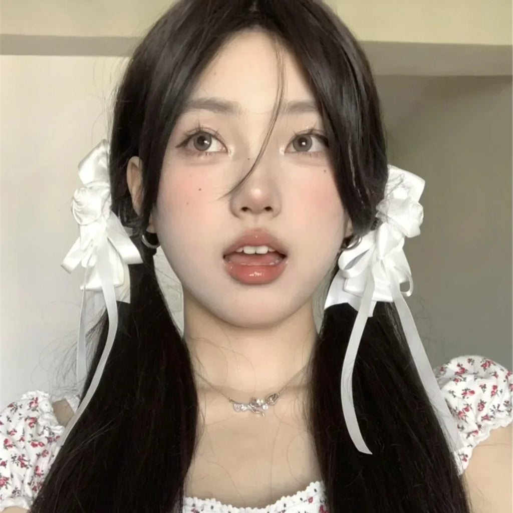 White Bow Ribbon Hair Clips Women Girls Elegant Flower Bowknot Satin Hairpins Ponytail Clip Wedding Party Barrette Accessories