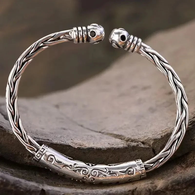 Retro Pattern Sanskrit Opening Bracelet Buddhist Six-Character Mantra Twist Cuff Bangles Men and Women Fashion Jewelry Gift