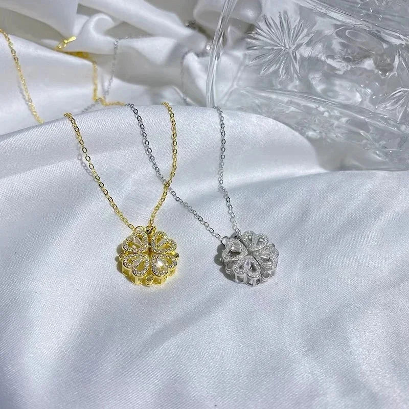 1/2PC Unique Heart Shaped Four Leaf Clover Pendant Necklace Silver Gold Jewelry Zircon Love Clavicle Chain Gifts Openable