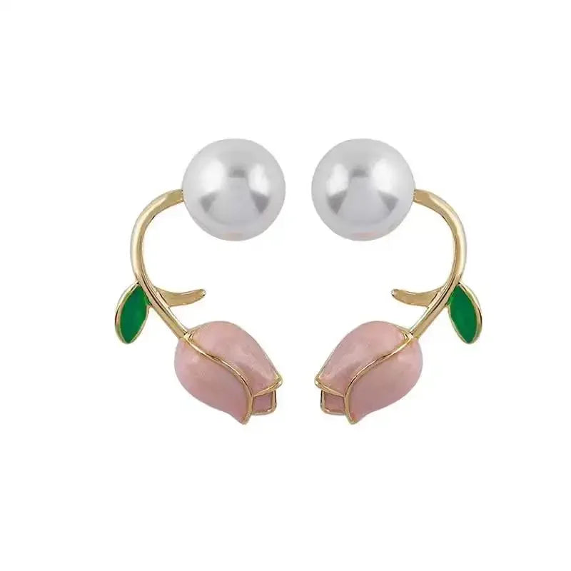 Sweet Fashion Enamel Pearl Tulip Flower Stud Earrings For Women Korean Temperament Zircon Back Hanging Earring Wedding Jewelry