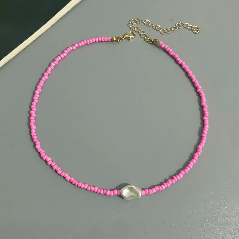 Fashion Boho Beads Necklace Women Imitation Pearl Seed Beaded Strand Short Choker Necklace Handmade Female Jewelry Wholesale