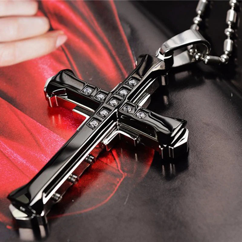 2025 Ins New Cross Pendant Necklace For Men Simple Cool Zircon Black Gold Color Stainless Steel Chain Hip Hop Punk Jewelry Gift