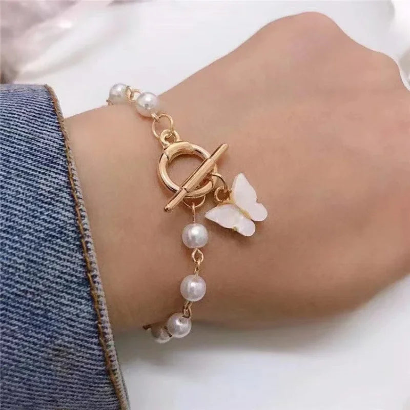 Temperament Butterfly Pearl Pendant Bracelet Ladies Girl Trend Charm Bracelet Friendship Bracelets Birthday Jewelry Gift Women