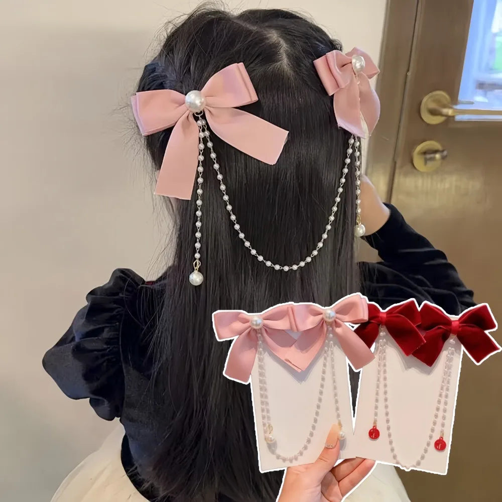 Sweet Princess Style Pink Pearls Chain Bow Hair Clip Women Children's Cute Back Head Hairpins Hair Clips Girls Hair Accessories