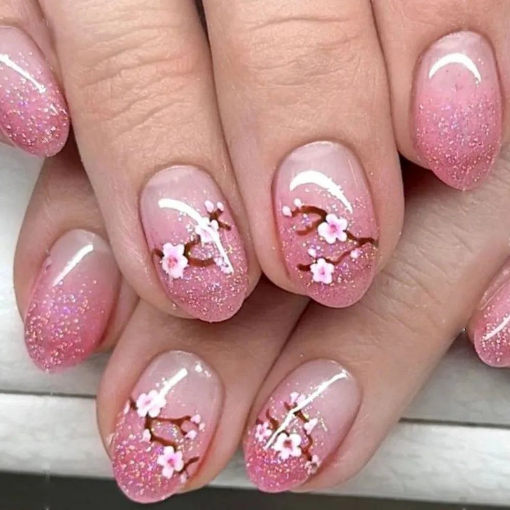 24pcs French Fake Nails Glitter Flower False Nails Short Square Press on Nails White Striped Nail Art for Colorful Spring Summer