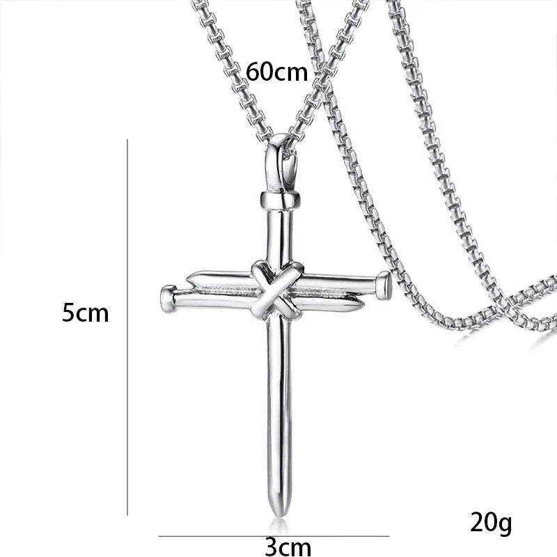Nail Cross Pendant Necklace For Men Hip Hop Punk Style Silver Color Stainless Steel Chain Christian Church Baptism Party Jewelry