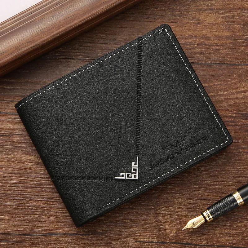 Lychee Texture PU Leather Men's Wallet Short Cash Purse Multi Card Slot Patchwork Card Holder Photo Holder Horizontal Money Clip