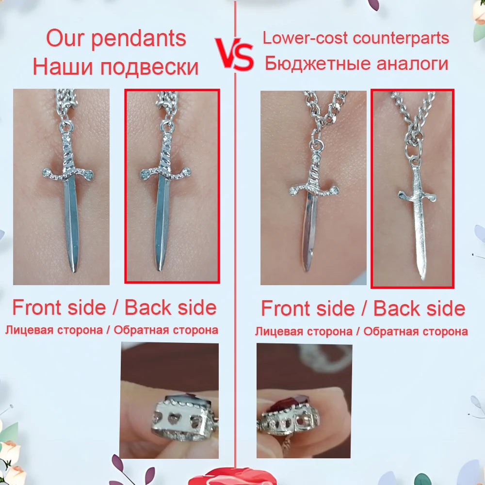 LATS 2pcs Can Be Assembled Heart and Sword Zircon Pendant Necklace for Women Men Couple Silver Gold Plated Choker Chain Jewelry