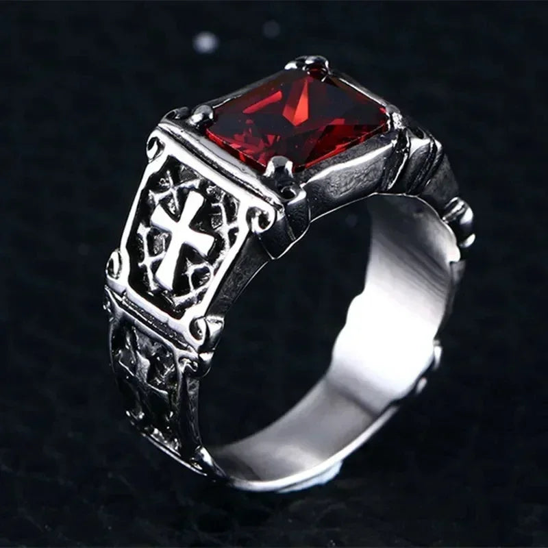 Christian Gothic Red Gemstone Cross Ring Vintage Catholic Prayer Amulet Jewelry for Men