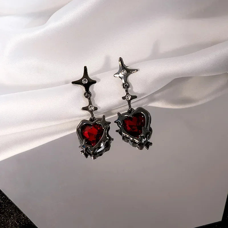 Y2K Goth Heart Cross Star Pendant Earrings for Women Red Zircon Love Earring Gothic Irregular Tassel Stud Earrings Halloween
