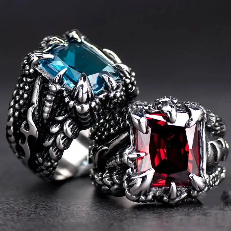 Gothic Blue and Red Crystal Evil Demon Dragon Claw Ring for Men Gram Biker Punk Rock Hip Hop Cool Jewelry Accessories