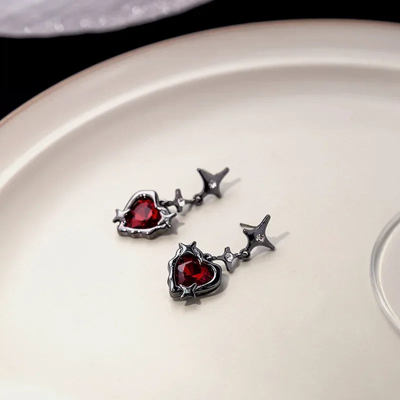 Y2K Goth Heart Cross Star Pendant Earrings for Women Red Zircon Love Earring Gothic Irregular Tassel Stud Earrings Halloween