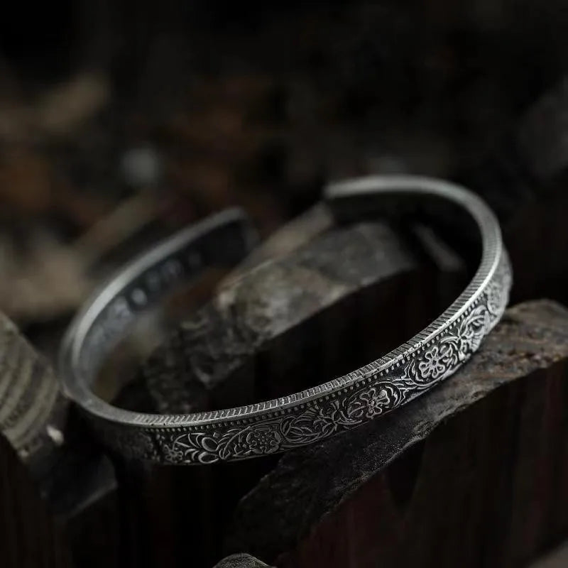 Silver-Plated Lucky Sixpence Pattern Letter Bracelet Men's Cuff Bangles Women's Trendy Charm Jewelry