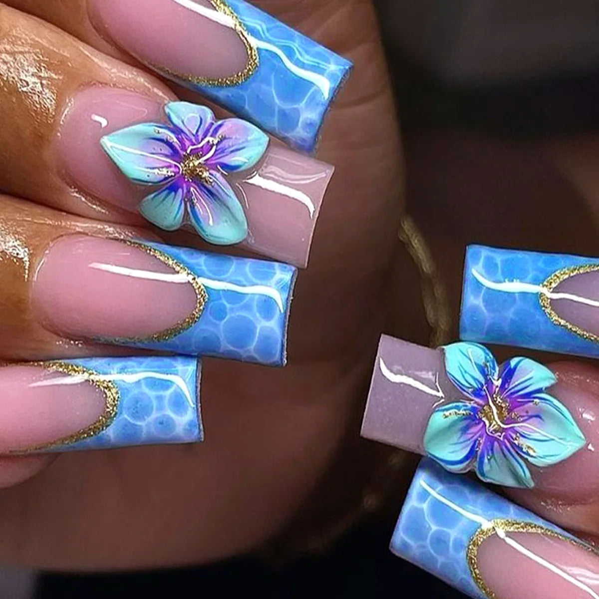 24Pcs Sweet Medium Square False Nails with Glue Blush Pink Flowers Fake Nails Full Cover French Acrylic Press on Nails for Girls