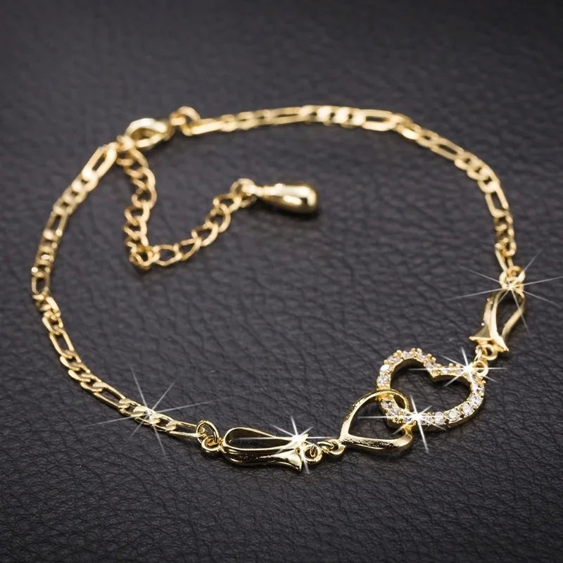 Classic Stainless Steel Chain Double Heart Love Anklet Bracelet Fashion Trendy Charm Bracelets Women Fashion Party Jewelry Gift