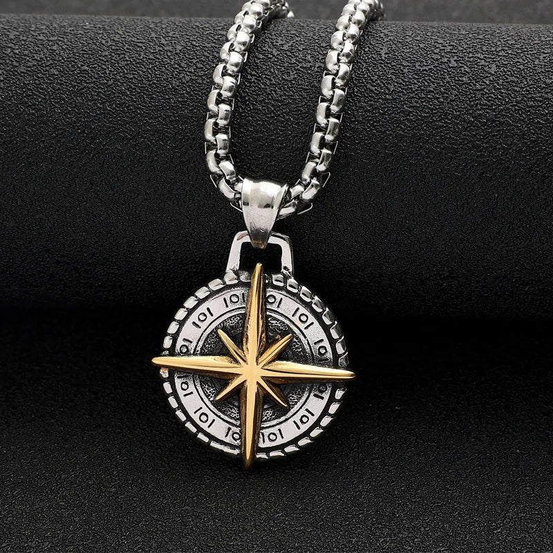 Two Tone Compass Pendant men's Necklace Stainless Steel Retro Hip-hop Style Silver Color Neck Chain Fashion Jewelry Wholesale