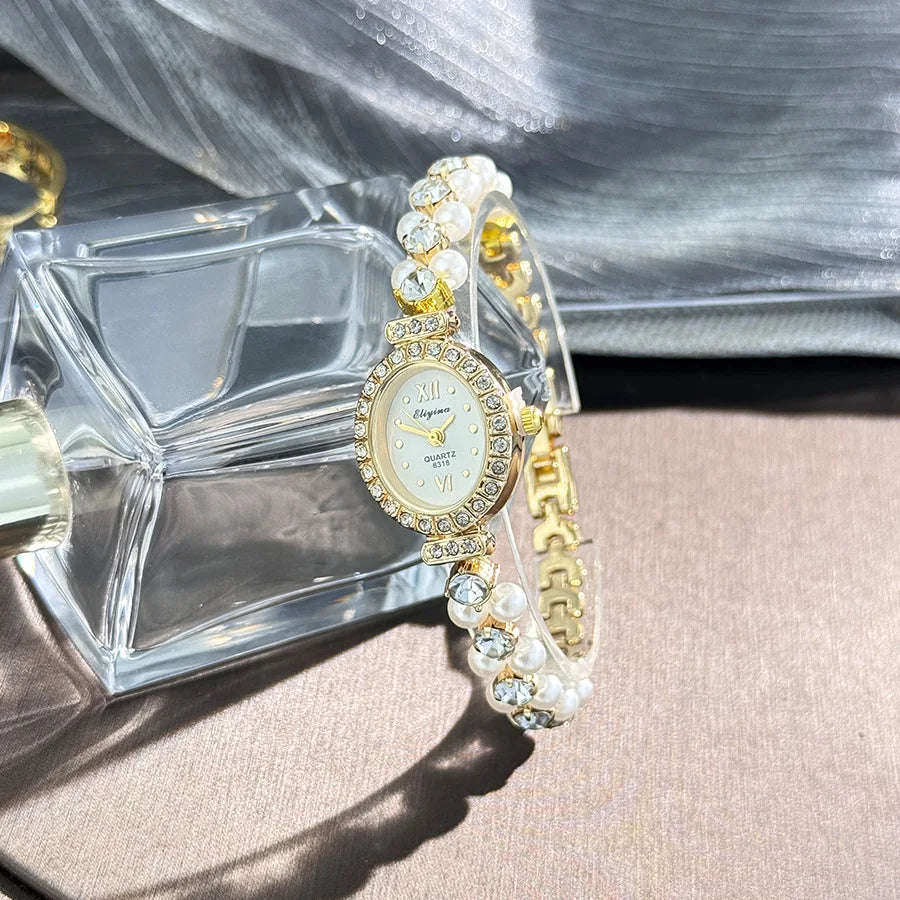 New Hot Pearl Bracelet Watch Luxury Diamond Encrusted Women Quartz Watch Oval Dial Ladies Wristwatches Dropshipping clock