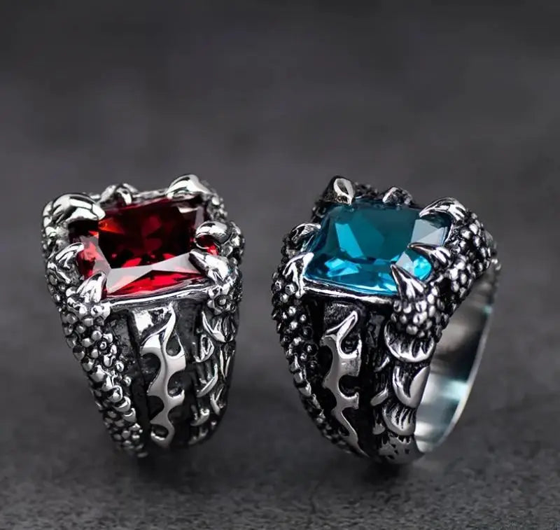 Gothic Blue and Red Crystal Evil Demon Dragon Claw Ring for Men Gram Biker Punk Rock Hip Hop Cool Jewelry Accessories