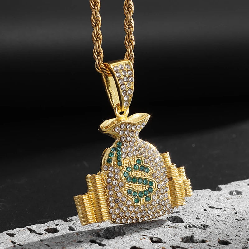 Money Bag Pendant Necklace With Rope Chain Gold Color Hip Hop Punk Bling Iced Out Zircon Cool Men's Rock Biker Neck Jewelry Gift