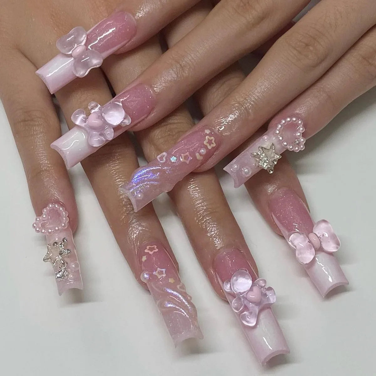 24Pcs Extra Long Square Fake Nail with Glue 3D Little Bear Bow Design False Nails White French Press on Nails Wearable Manicure