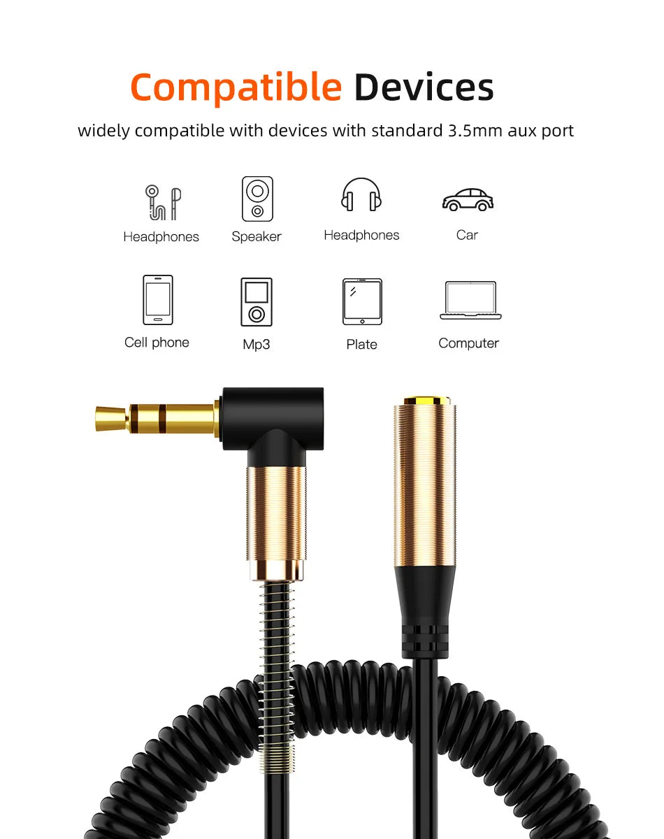 Elbow Spring 3.5mm AUX Audio Extension Cable 3.5 Jack male to Female Audio Extender Cable Retractable Cable
