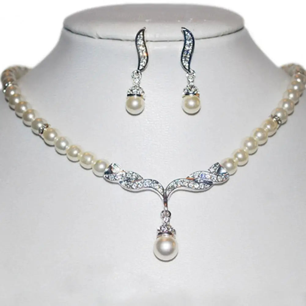 Necklace Earrings Women Jewelry Set Faux Pearl Bridal Wedding Alloy Party Studs Necklace Earrings Set Gifts