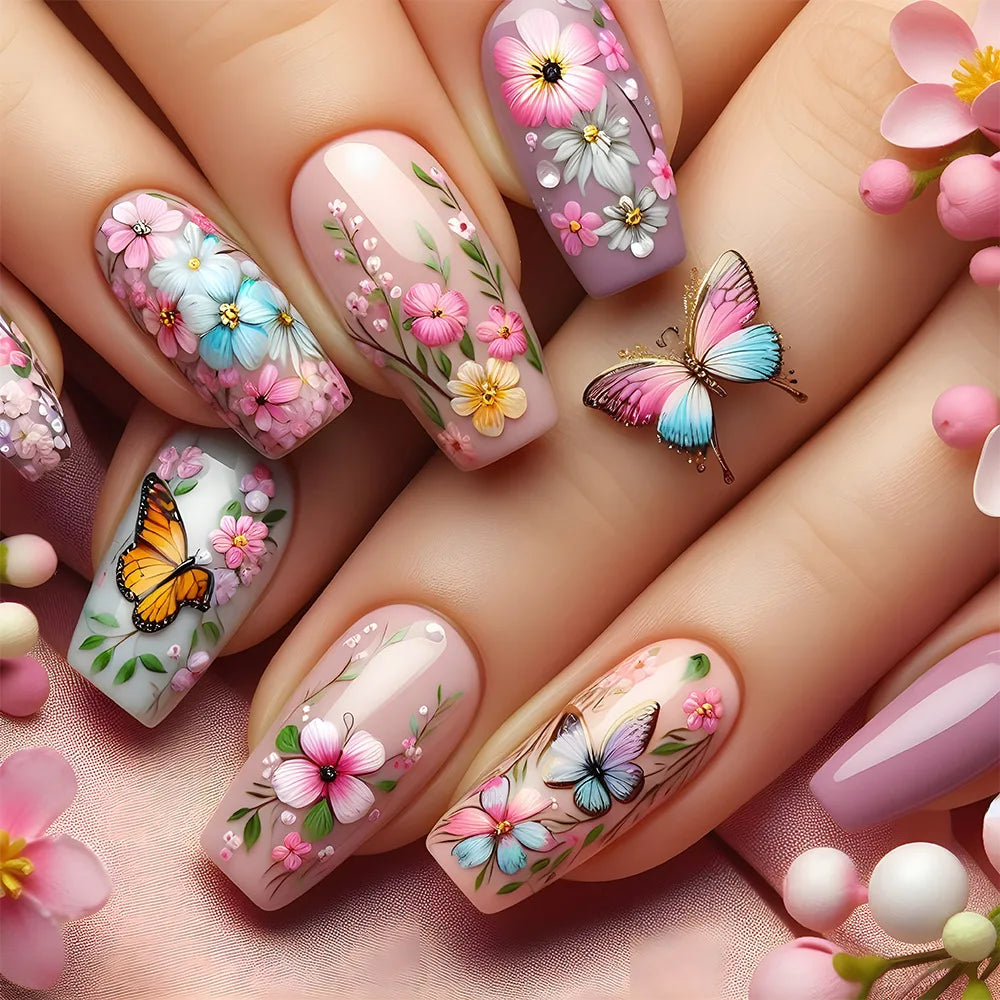 24pcs Mini Flower Press on Nails with Glue Painting Floral Acrylic Fake Nails Spring Design Short Square False Nails for Girls