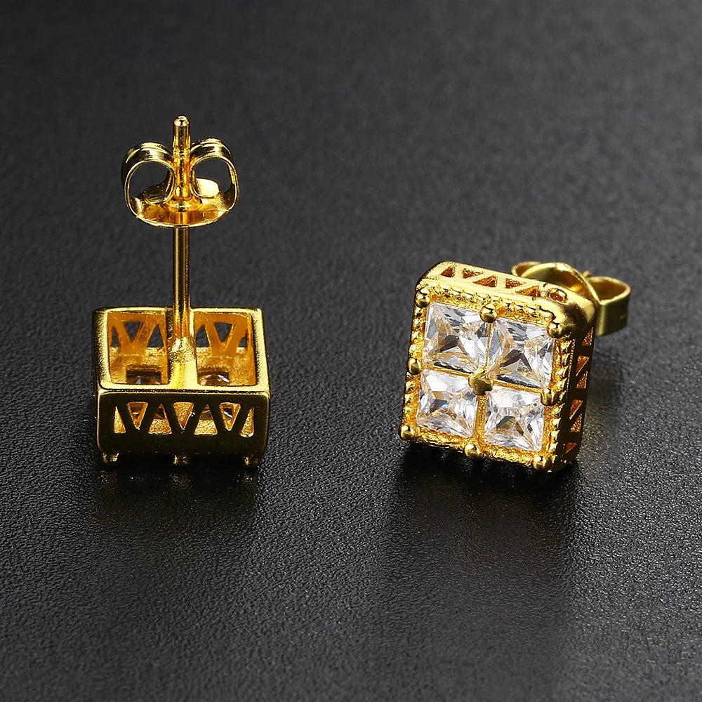 Popular Gold Color Earrings For Men Women Square Silver Color Cubic Zirconia Earings Charm Daily Wear Jewelry Push Back  OHE150
